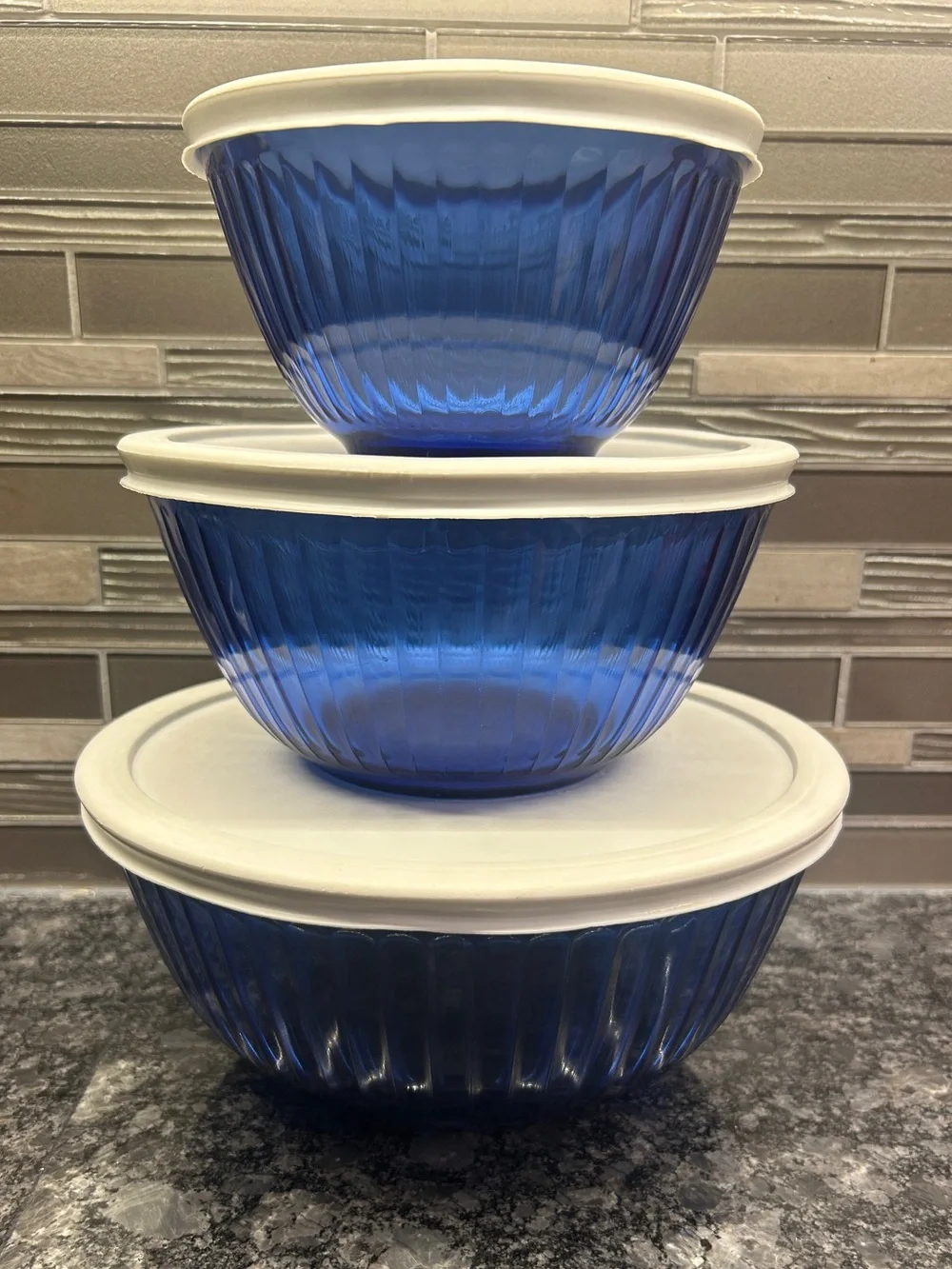 Pyrex Sculptured Cobalt Blue Nesting Bowl Set With Striking Ribbed Glass W/ Lids